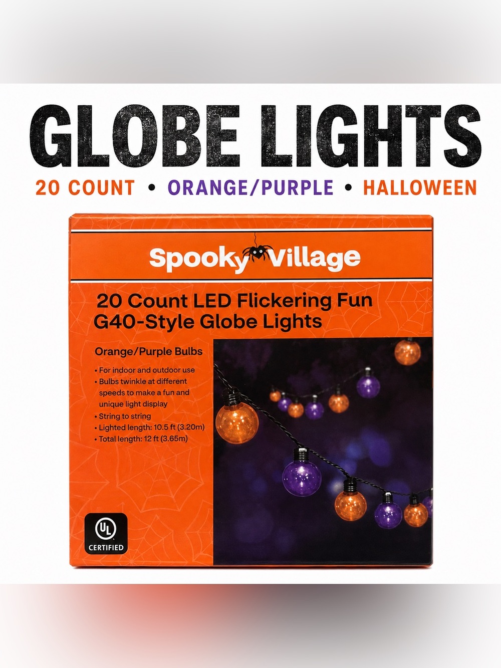 Spooky Village Halloween Globe Lights 20 Count Orange Purple LED NIB